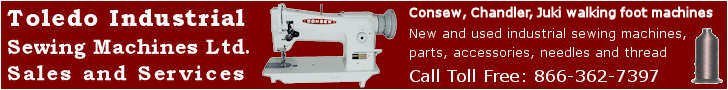 Toledo Industrial Sewing Machines, Ltd. Sales, Service, Parts, Accessories, Needles, Thread. Licensed Consew, Cowboy,  and Juki dealer. Call Toll Free: 866-362-7397